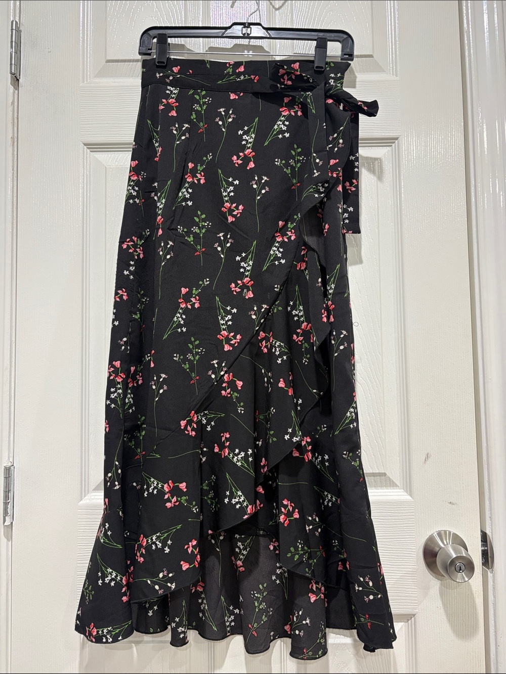 SHEIN Black Midi Wrap Skirt with Pink & Green Floral